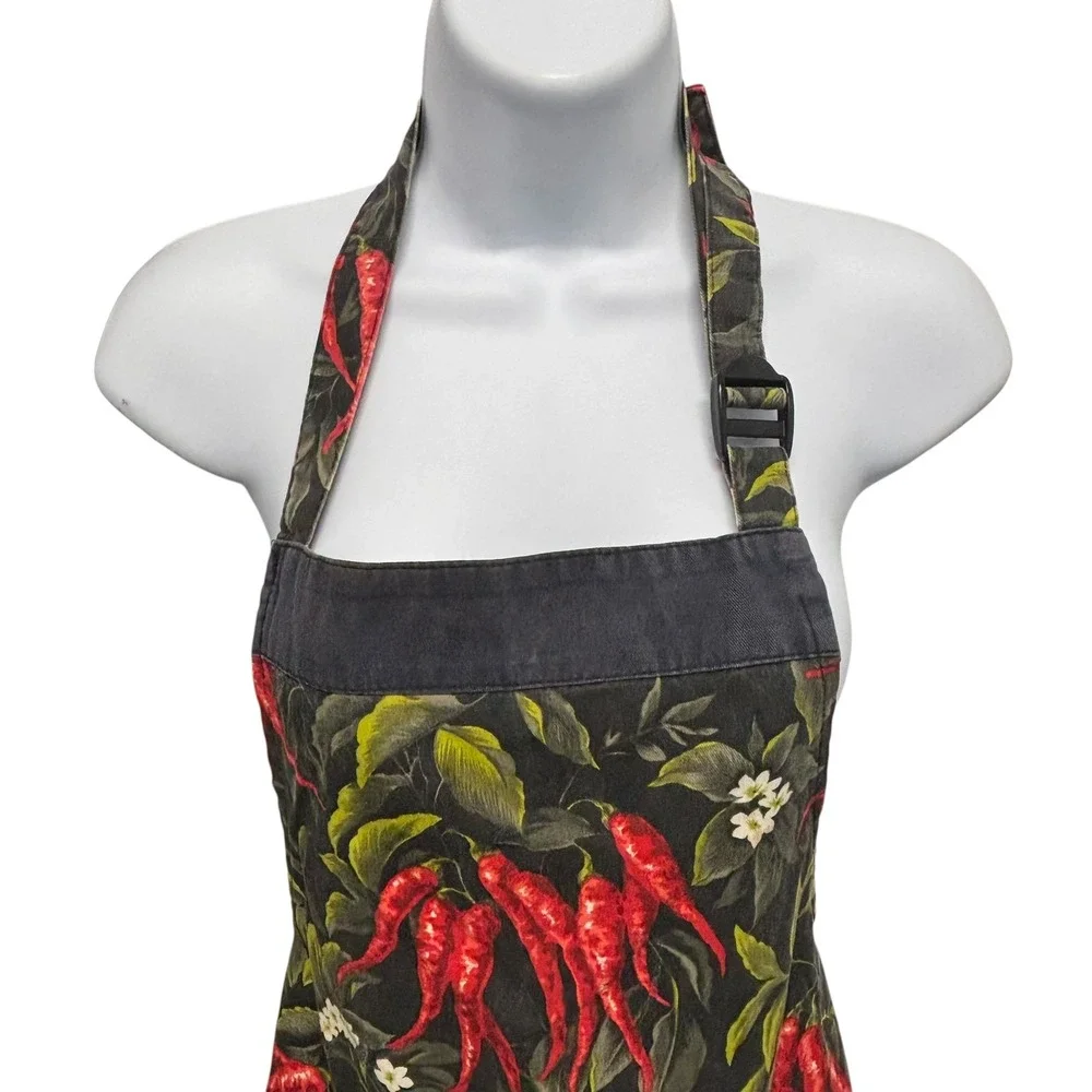 Fresh Impressions Red Chili Pepper Print Bib Apron with Pockets Black Cotton